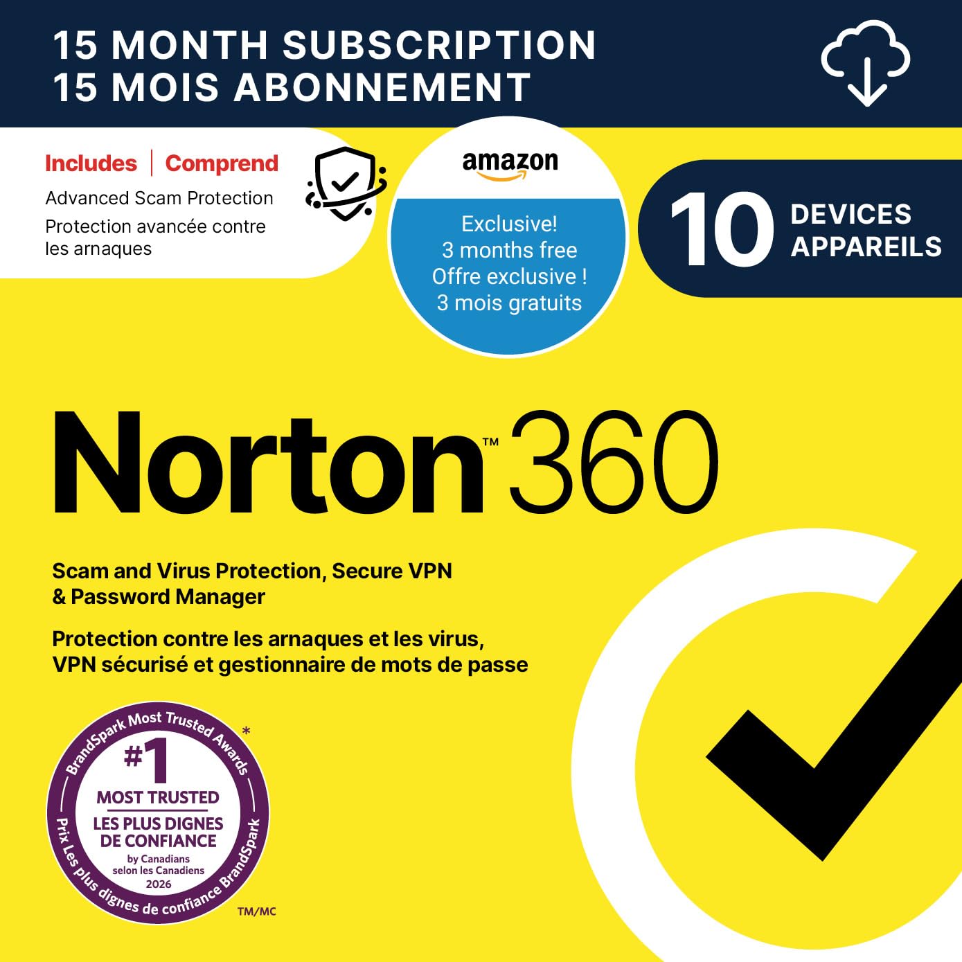 Norton 360 2026, Antivirus software for 10 Devices, 15-Month Subscription – Incl
