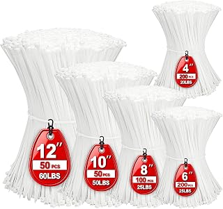 Cable Zip Ties,600 Piece Self-Locking Nylon Cable Ties,Assorted Sizes 4+6+8+10+12-Inch,Multi-Purpose Wire Management Plastic Ties,Perfect for Home,Garden,Office,Travel and Workshop.White