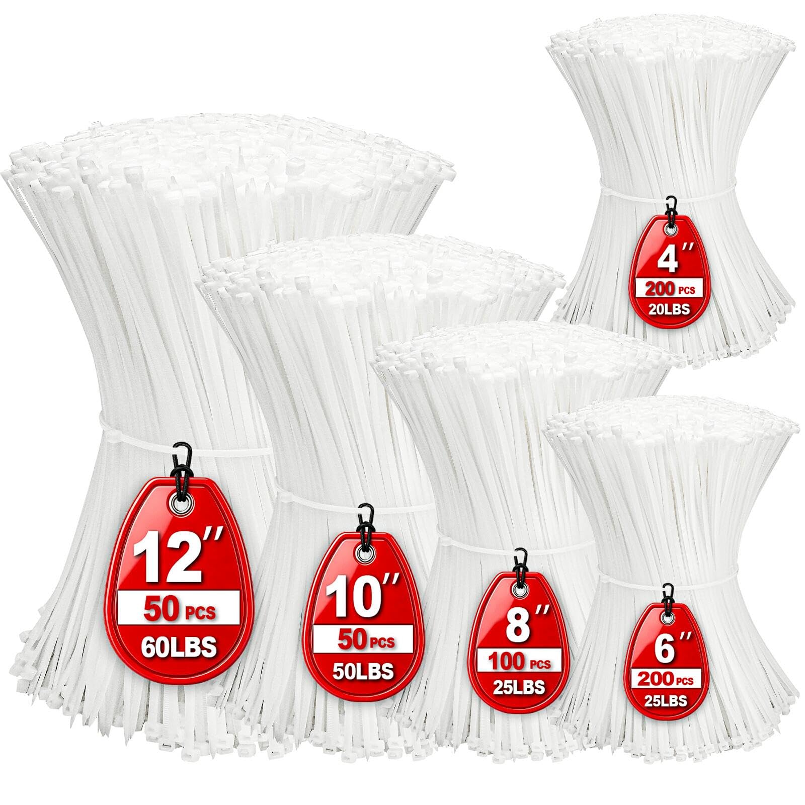 Cable Zip Ties,600 Piece Self-Locking Nylon Cable Ties,Assorted Sizes 4+6+8+10+1