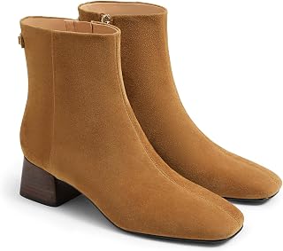 Coutgo Botas de tobillo para mujer, tacón bajo, puntera cuadrada, con cremallera lateral, zapatos de vestir de invierno, Marrón, 40 EU