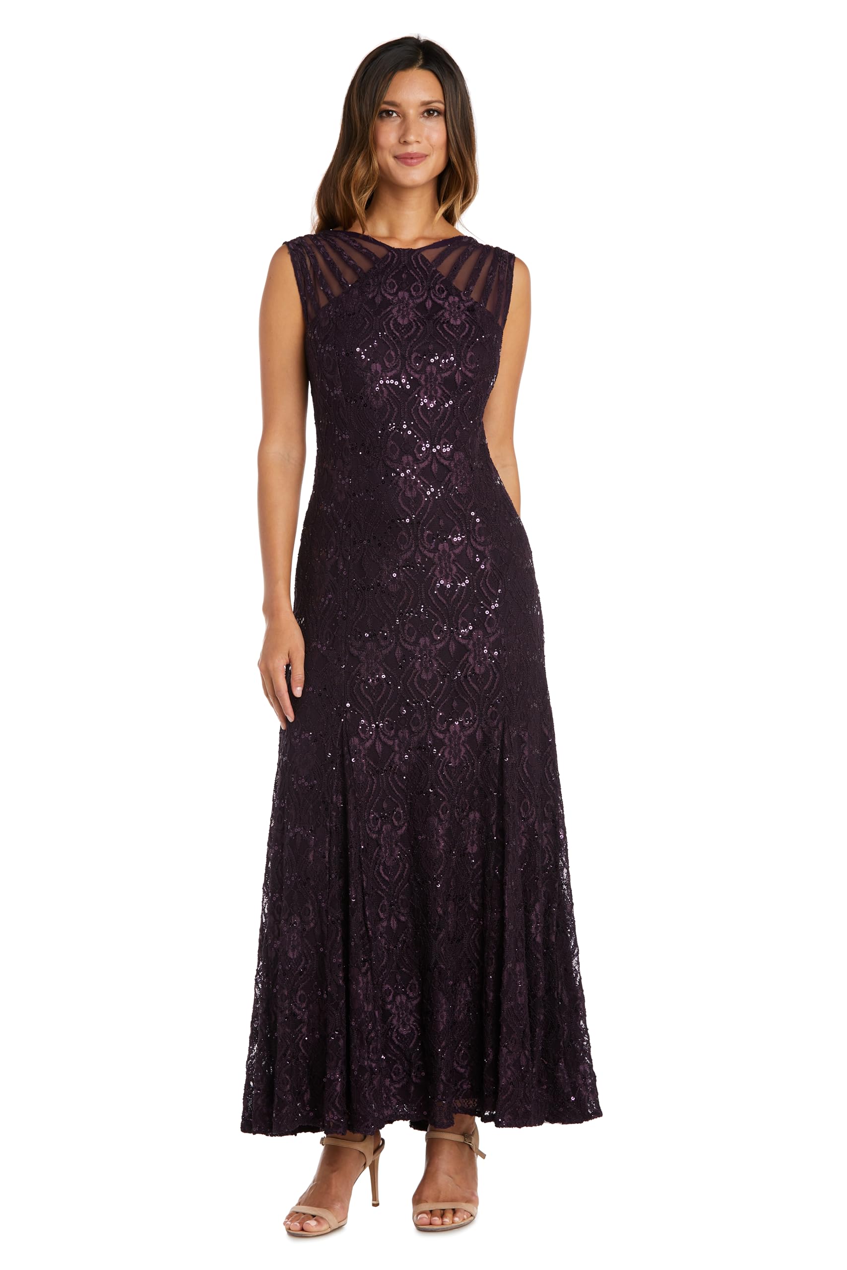R&M Richards Womens Full Length Sleeveless Sequined Evening Gown