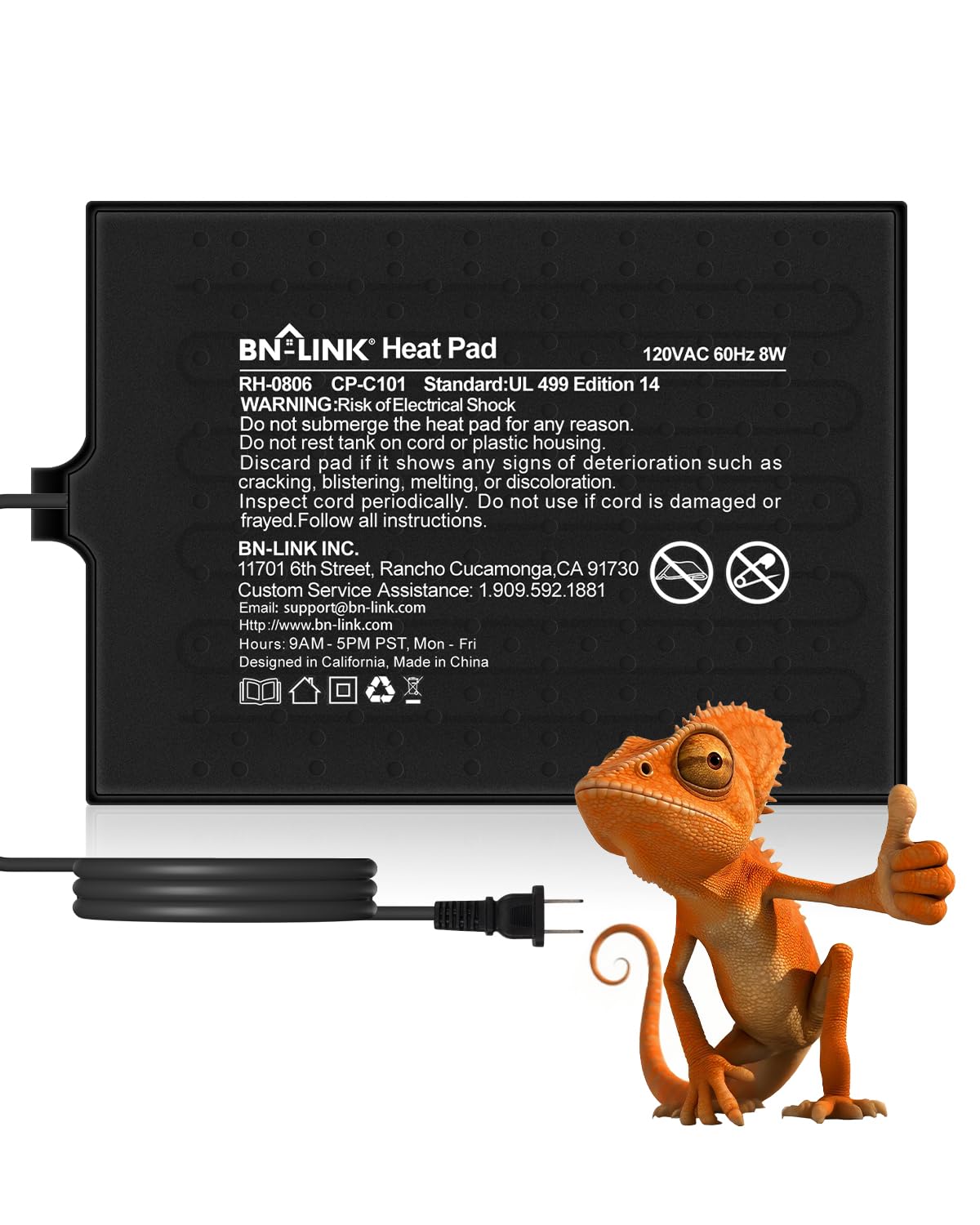 BN-LINK Reptile Heat Pad 6"X8" 8W for 10-20gal Under Tank Terrarium Heating Mat 