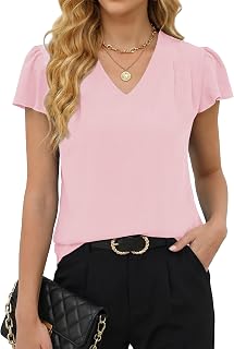 Gleeneat Blusas de trabajo casuales de negocios para mujer, blusas de vestir casuales de vestir de manga corta con vuelo, camisas de verano de moda 2026