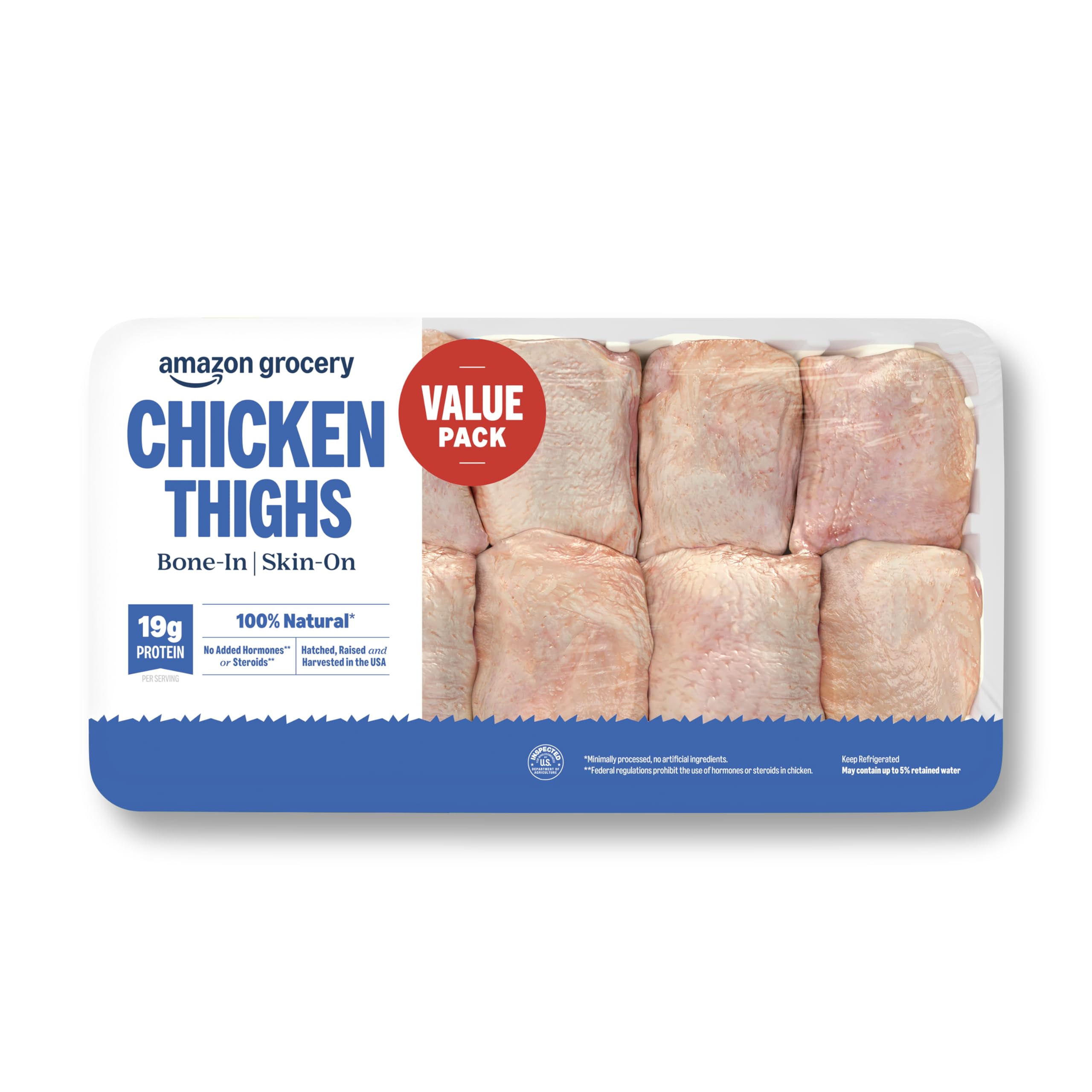 Amazon Grocery, Chicken Thighs Value Pack, Bone-In Skin-On, 100% Natural, Weight