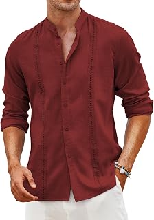 COOFANDY Men's Cuban Guayabera Shirts Linen Casual Long Sleeve Button Down Shirt Band Collar Summer Beach Tops