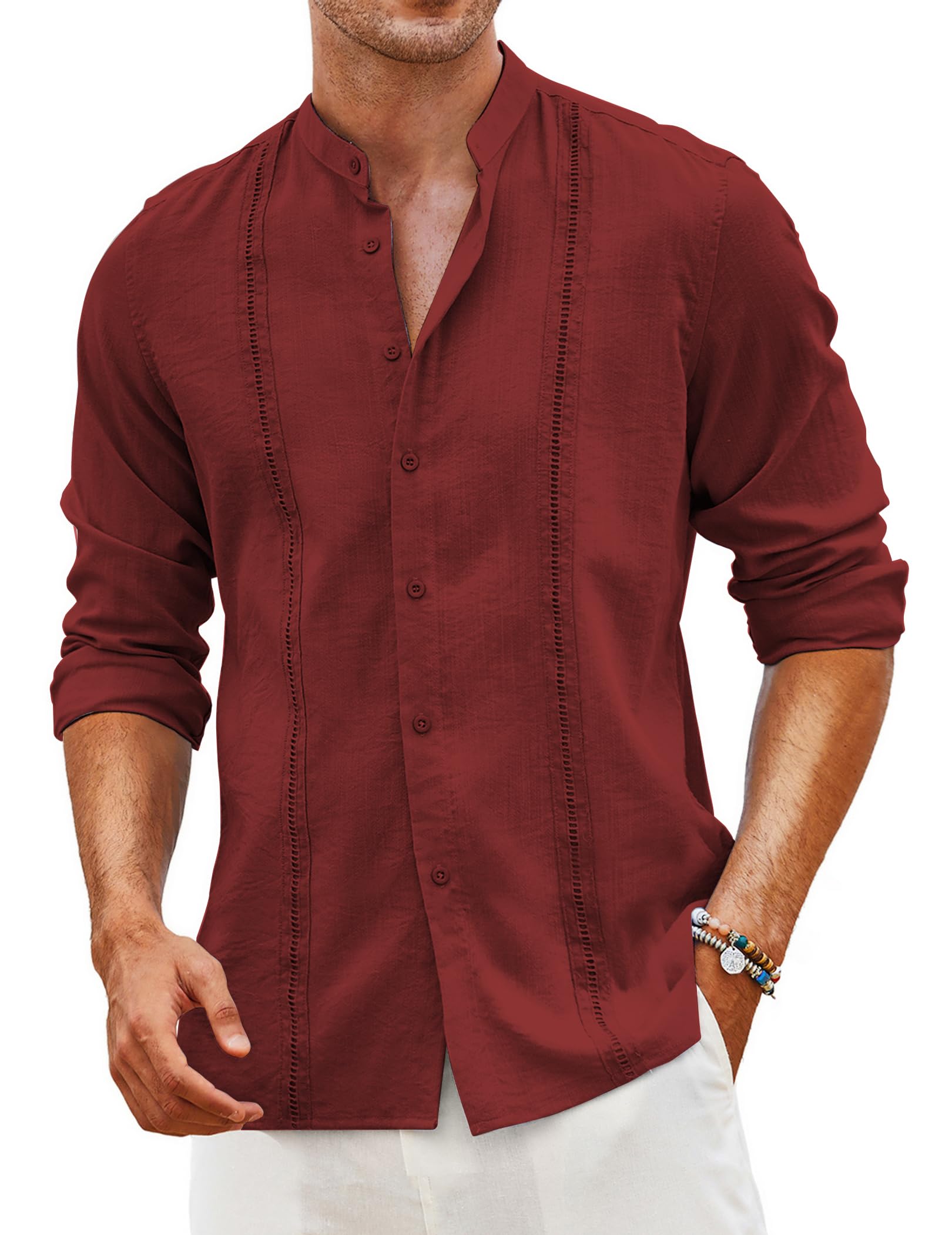 COOFANDY Men's Cuban Guayabera Shirts Linen Casual Long Sleeve Button Down Shirt