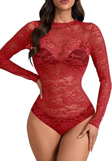 Rooscier 女性用花柄レースシアーセクシーボディスーツ