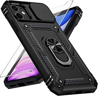 for iPhone 11 Case with Camera Lens Cover, HD Screen Protector, 10 FT Military Grade Drop Protection, Magnetic Ring Holder Kickstand Protective Phone Case for iPhone 11, Black