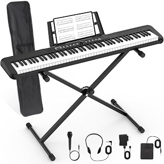 88 Key Piano Keyboard, Electric Digital Piano with Semi Weighted Keys, Keyboard Piano with Sustain Pedal, Power Supply, Stand, Carrying Case, Headphones, USB-MIDI Compatibility, for Beginner Adults