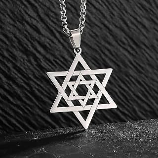 Hexagonal Star Pendant Necklace Stainless Steel Jewish Star of David Necklace for Men Women in Gold Silver Gift Box 60cm