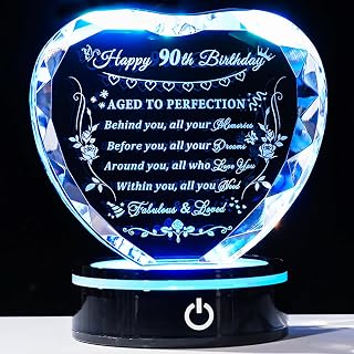 YWHL 90th Birthday Gifts for Women Men Born In 1933, Crystal Heart with Colorful Light Base, Happy 90th Birthday Decorations, 4.33" x 3.94" x 1.18"