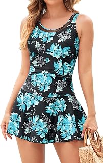 SHEKINI Women's One Piece Swimwear with Skirt Ruched Skirted Slimming One Piece Swimsuit Abdominal Control Swimwear Sport Beach Bikini
