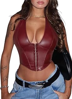 Floerns Women's Y2K PU Leather Halter Neck Crop Tank Top