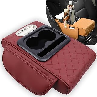 Multifunctional PU Leather Car Armrest Box Mat, 5-in-1 Multifunctional Car Armrest Cushion, Center Console Cover with 2 Cup Holder, For Storing Tissues,Phones,Wallets,Drinks,for Most Cars (Red)