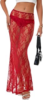 Rooscier Women's Lace A Line Sheer Maxi Skirt