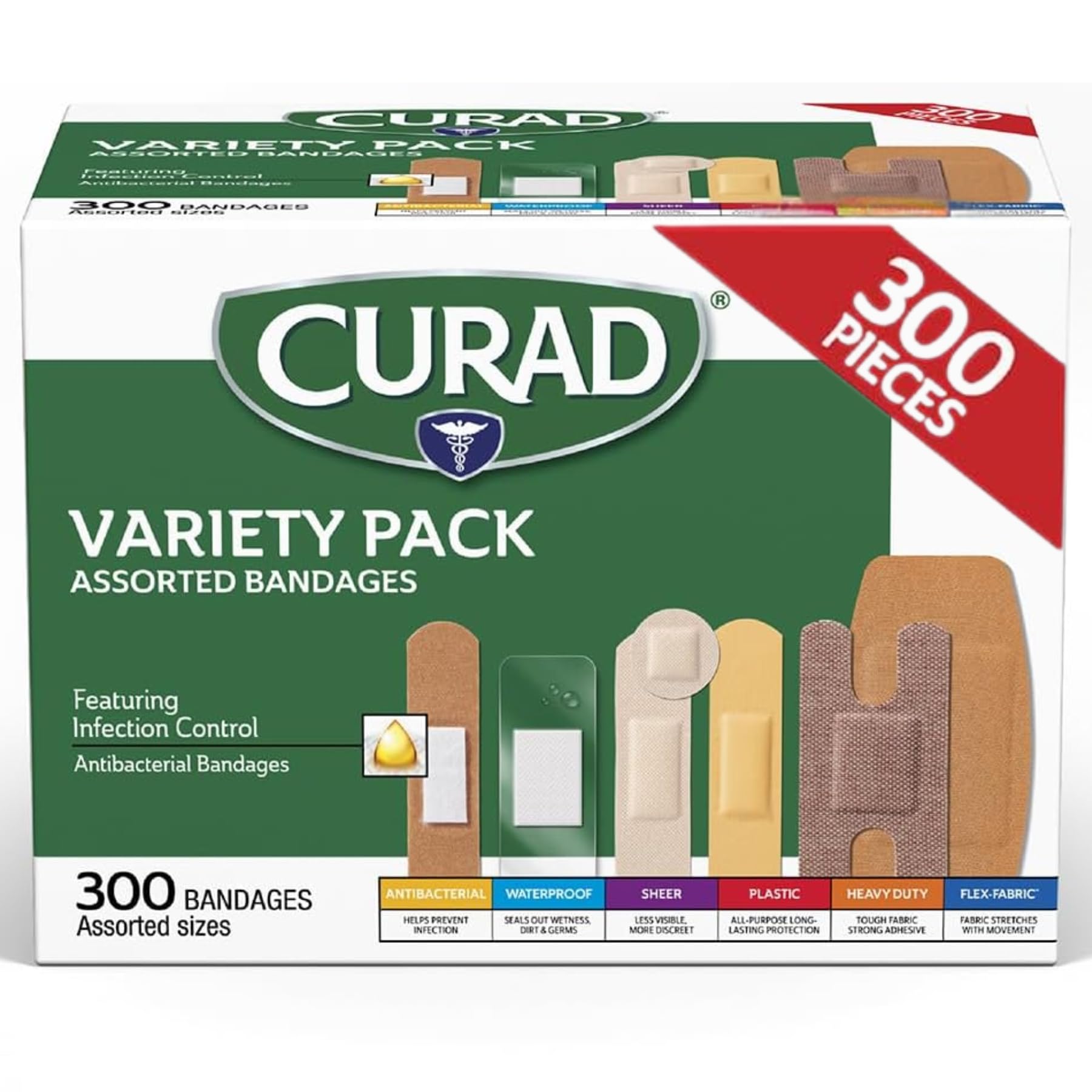 CURAD Assorted Bandages Variety Pack, 300 Count Box, 6 Styles