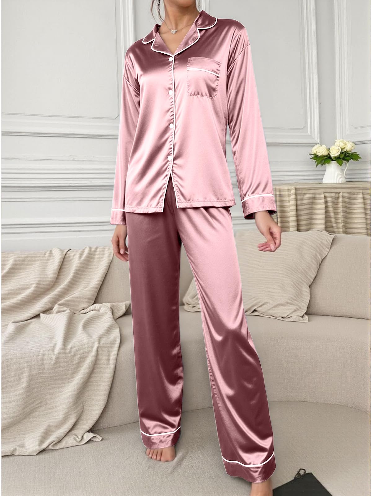Women Silk Satin Pajama Set, Classic Long Sleeve Button Down Pajama Set with Pan