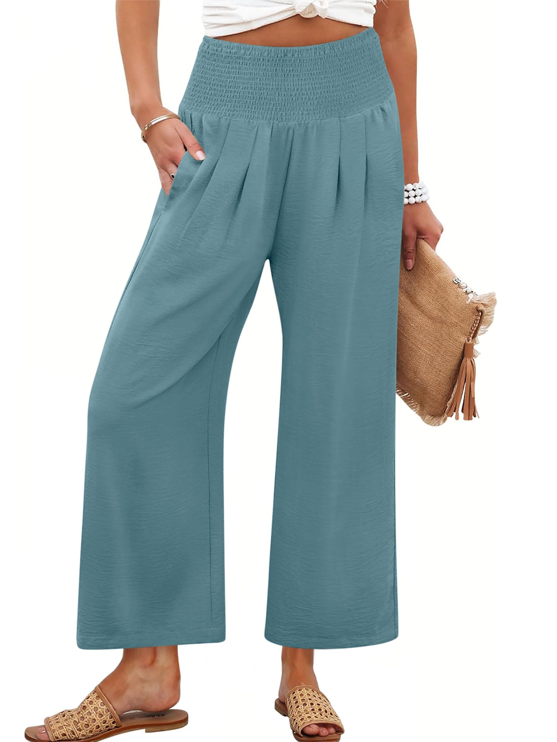 ANRABESS Womens Pants Wide Leg High Waisted Palazzo Pants Summer Flowy Beach Lou