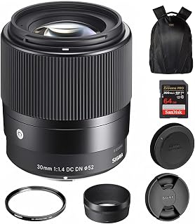 Sigma 30mm f/1.4 DC DN Contemporary Lens for Sony E, Rounded 9-Blade Bundle | Sigma Bundle includes rounded 9-Blade Diaphragm, Tiffen 52mm UV Protector, 64GB Extreme PRO Memory Card, and Camera Bag Kit