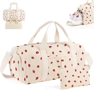 2PCS Cute Gym Bag for Girls, Corduroy Duffle Bag with Wet Pocket & Shoe Compartment and Item Bag, Duffle Bag for Travel, Sports, Fitness & Workout