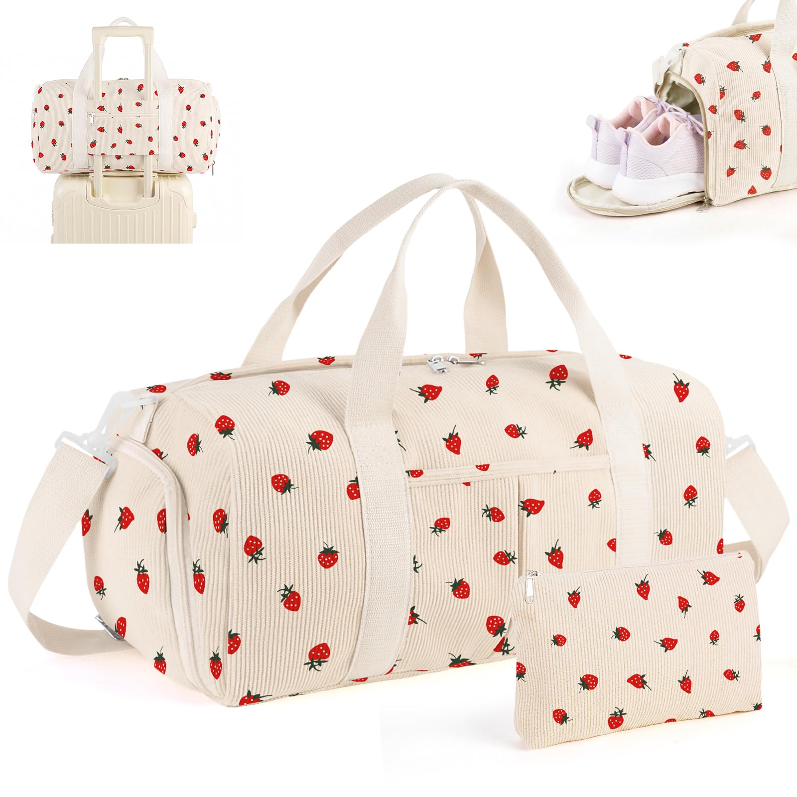 2PCS Cute Gym Bag for Girls, Corduroy Duffle Bag with Wet Pocket & Shoe Compartm