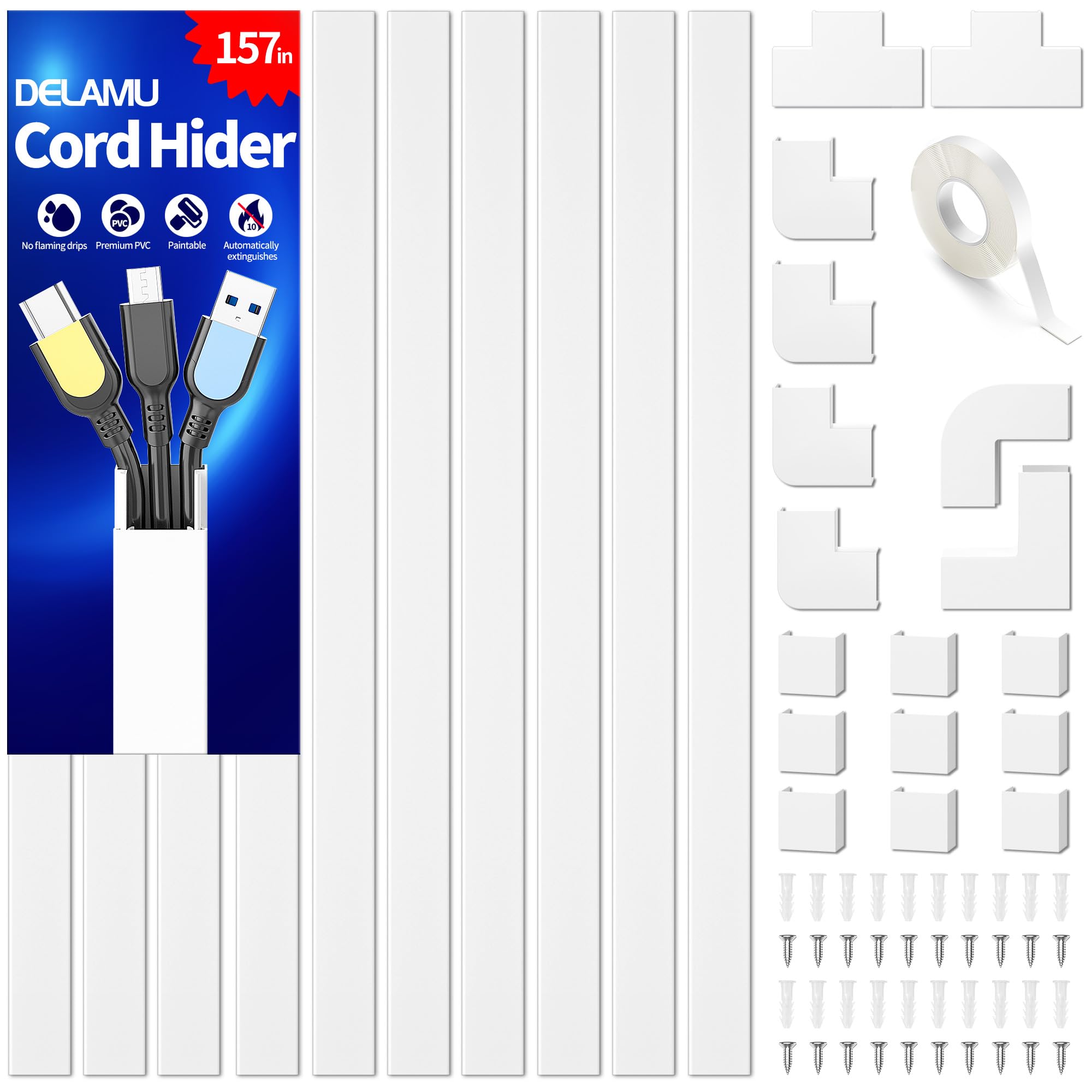 Delamu Cord Hider, 157in Wire Covers for Cords on Wall, Premium Cable Hider Cord