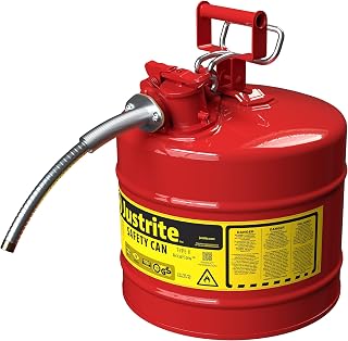 Justrite Type II Gasoline Safety Can, Red Galvanized Steel, FM Approved | Flammable Liquid Storage Can with Controlled Pouring, 5 Gallon Capacity, 1" Metal Hose, Flame Arrester, OSHA, NFPA Compliant