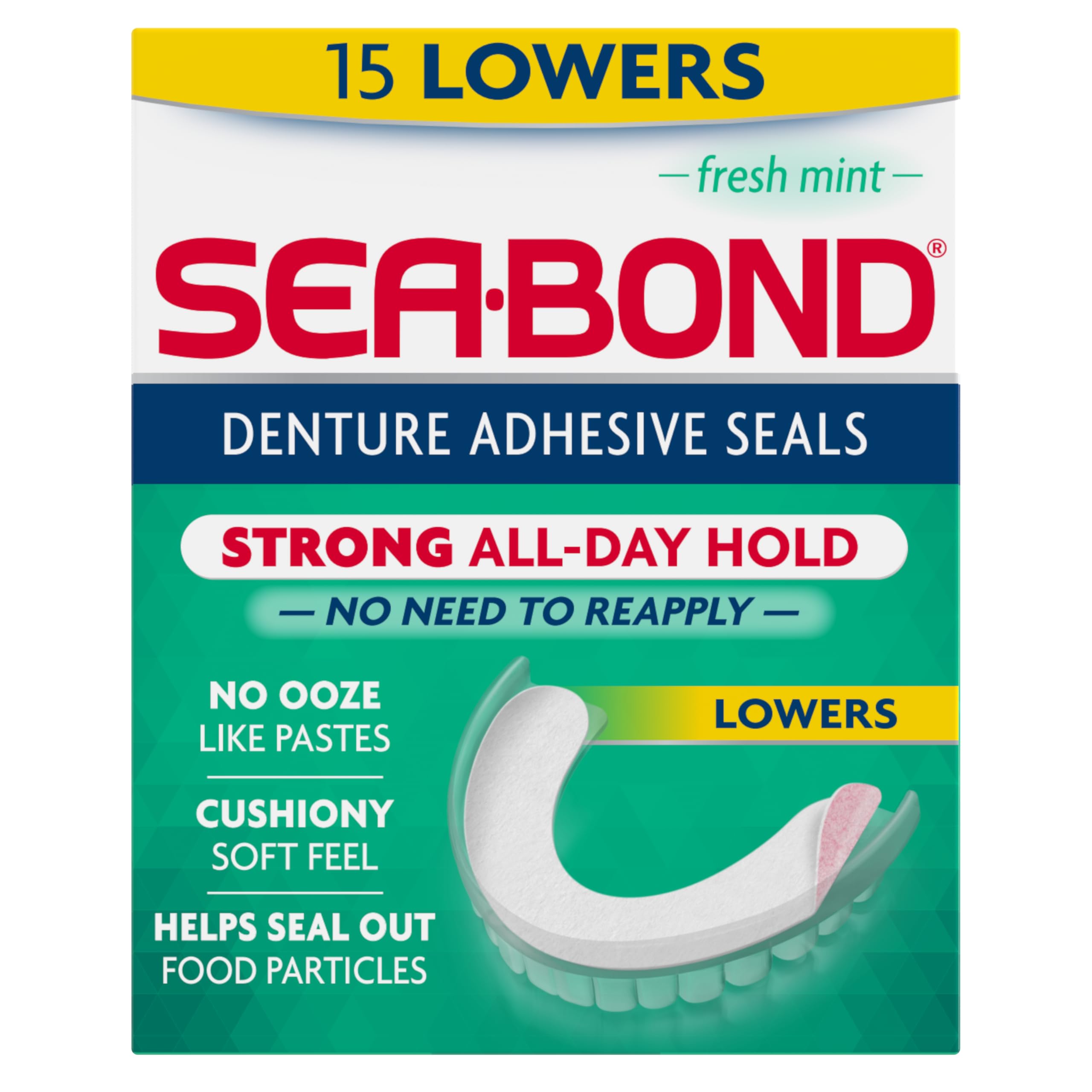 SEA-BOND Denture Adhesive Seals, Fresh Mint, Lowers, 15 Count (1 Pack)