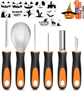 SUEFFI Halloween Pumpkin Carving Kit, 6 Pcs Pumpkin Carving Knife with 12 Stencils 1 Mark Pen 1 Storage Bag, Professional Pumpkin Carving Tools