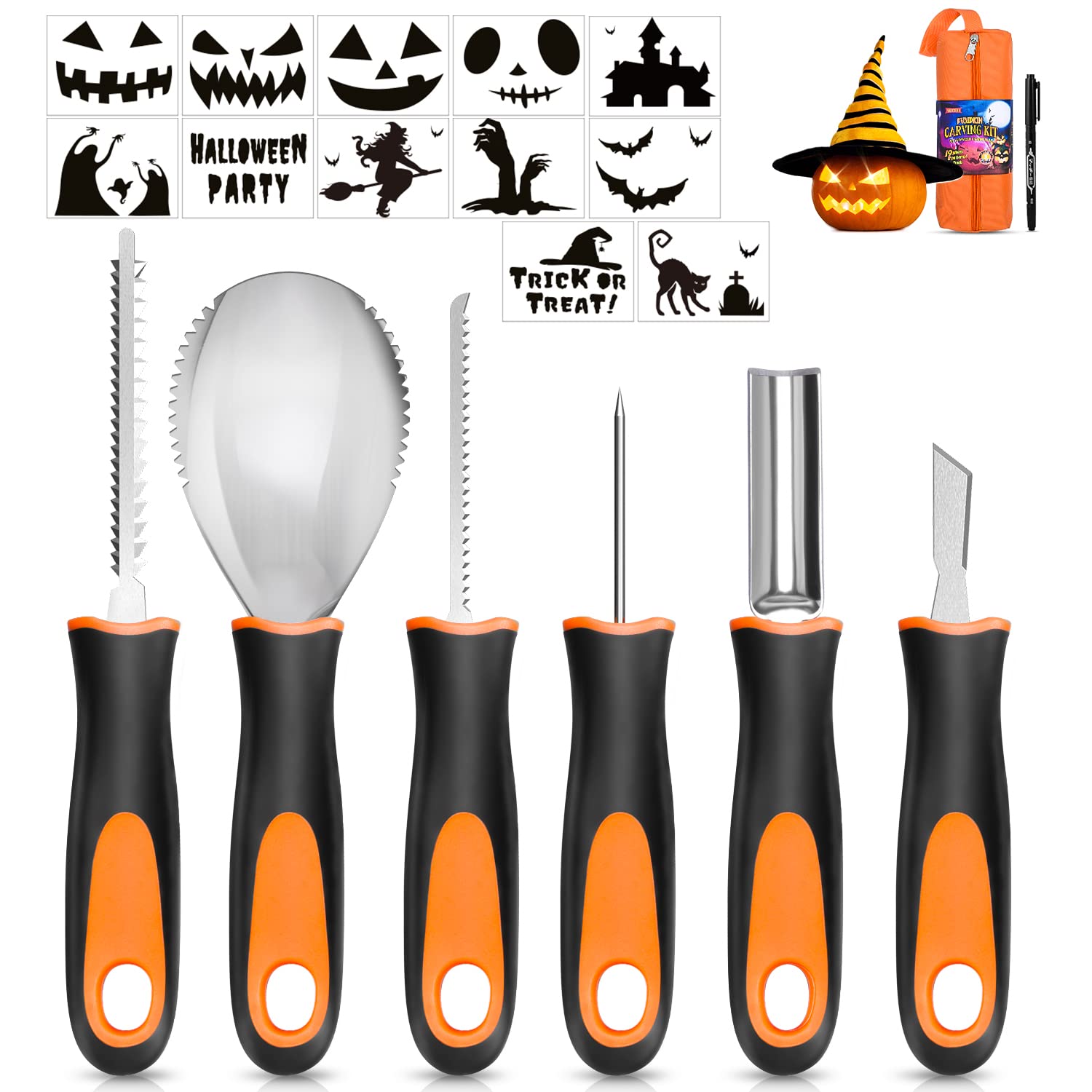 SUEFFI Halloween Pumpkin Carving Kit, 6 Pcs Pumpkin Carving Knife with 12 Stenci