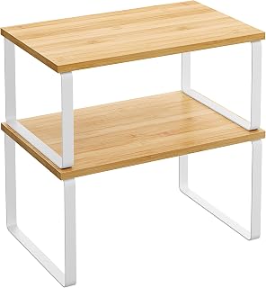 SONGMICS Cabinet Organizer Shelf, Set of 2 Spice Rack, Kitchen Storage | Kitchen Counter Storage Spice Rack, Bamboo, Steel, Beige and White UKCS02NW