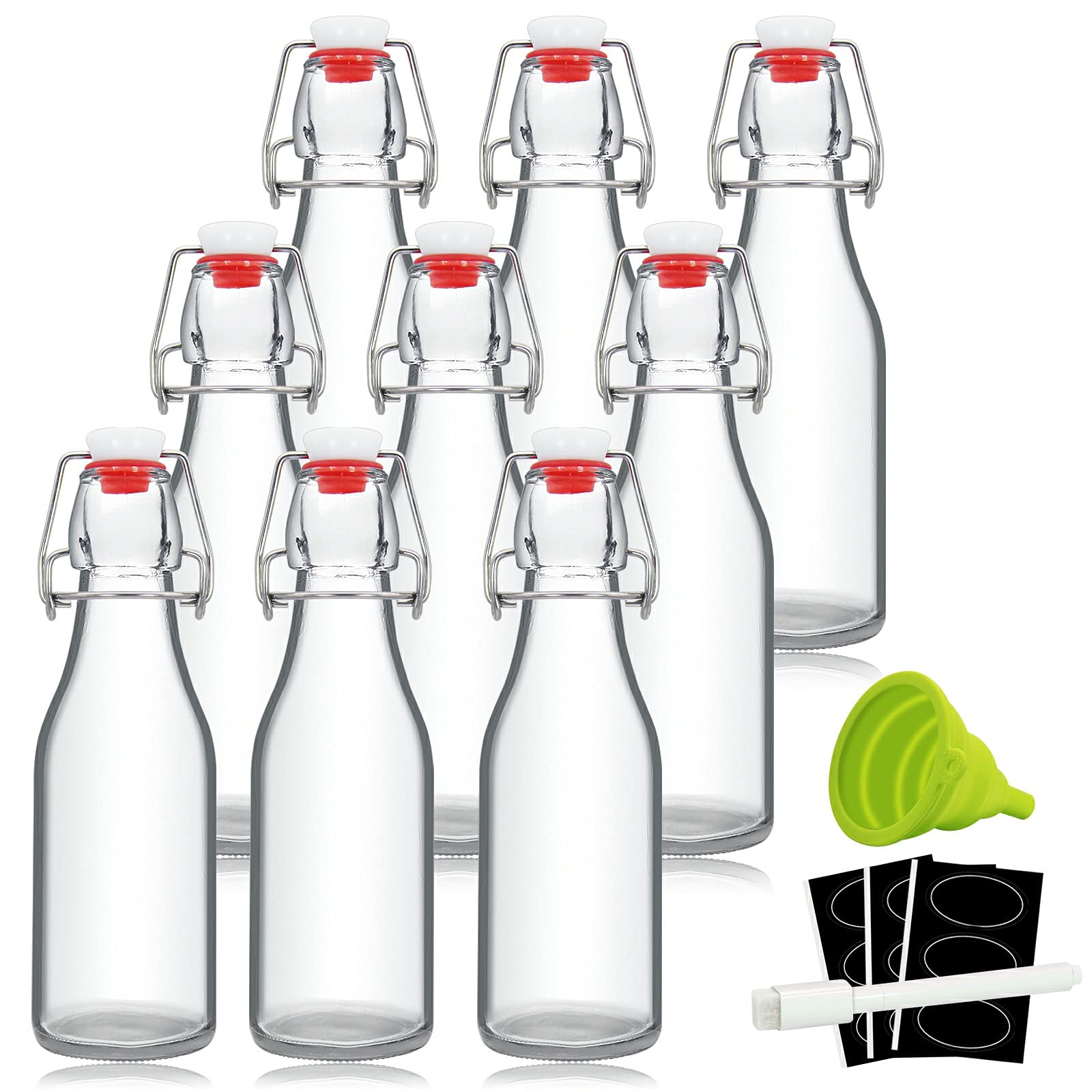 YEBODA 8 oz Clear Swing Top Glass Bottles with Airtight Lids, 9 Pack | Reusable 