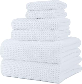 POLYTE Oversized 60" x 30" Quick Dry Lint-Free Microfiber Bath Towel Set of 6 (Waffle Weave), Extra Large, White