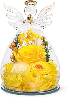 Gifts for Women Preserved Rose Forever Flower in Glass Angel Figurines Fresh Flowers for Delivery Prime Mothers Day Birthday Gifts for Mom Real Yellow Roses for Grandma Sister Wife Her from Daughter