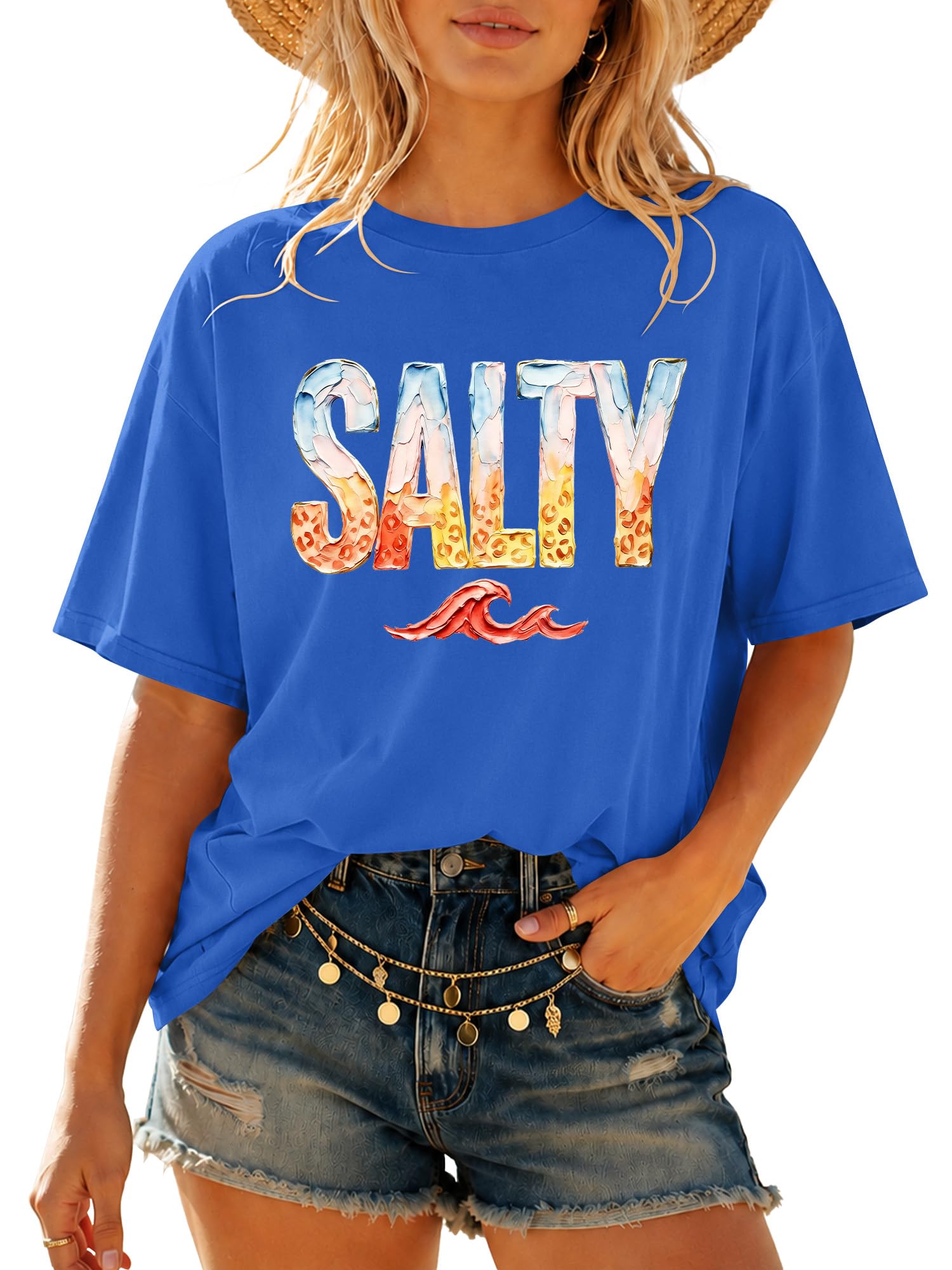 Women's Salty Beach Graphic T Shirts Summer Hawaii Vacation Tees Casual Short Sl