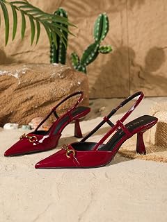 On Feet & in Love Red Patent Leather Pointed Toe Gold Horse Bit Detail Kitten Heel Slingback Pumps