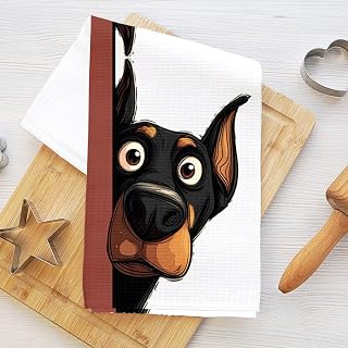 Dog Doberman Pinscher Cartoon Peeking Tea Towels Reusable Absorbent Quick Dry Tea Towels for Kitchen Bathroom Home Decor Dog Lover Gifts