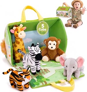 Mini Zoo Stuffed Animals Set - 5 Soft Safari Animals with Carry House 9.8"