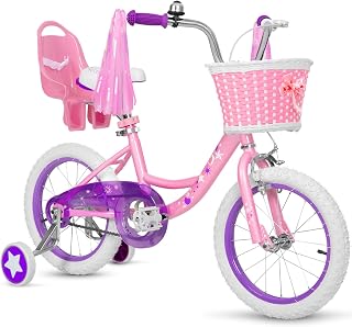 WEIZE Girls Kids Bike 14 Inch Children Bicycles with Training Wheels Pink | Toddler 3-5 Year Old Height 35"-47", Hand Coaster Brake, Durable Steel Frame, Rear Seat, Streamer, Basket, Chain Cover, Bell