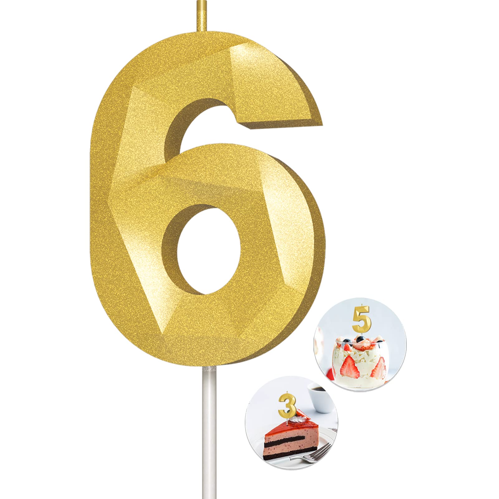 Number Birthday Candles(6 Candle Gold) 3D Diamond Shape Number Happy Birthday Ca