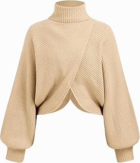 CIDER Cropped Sweaters for Women Wrap Lantern Sleeve Turtleneck Sweater