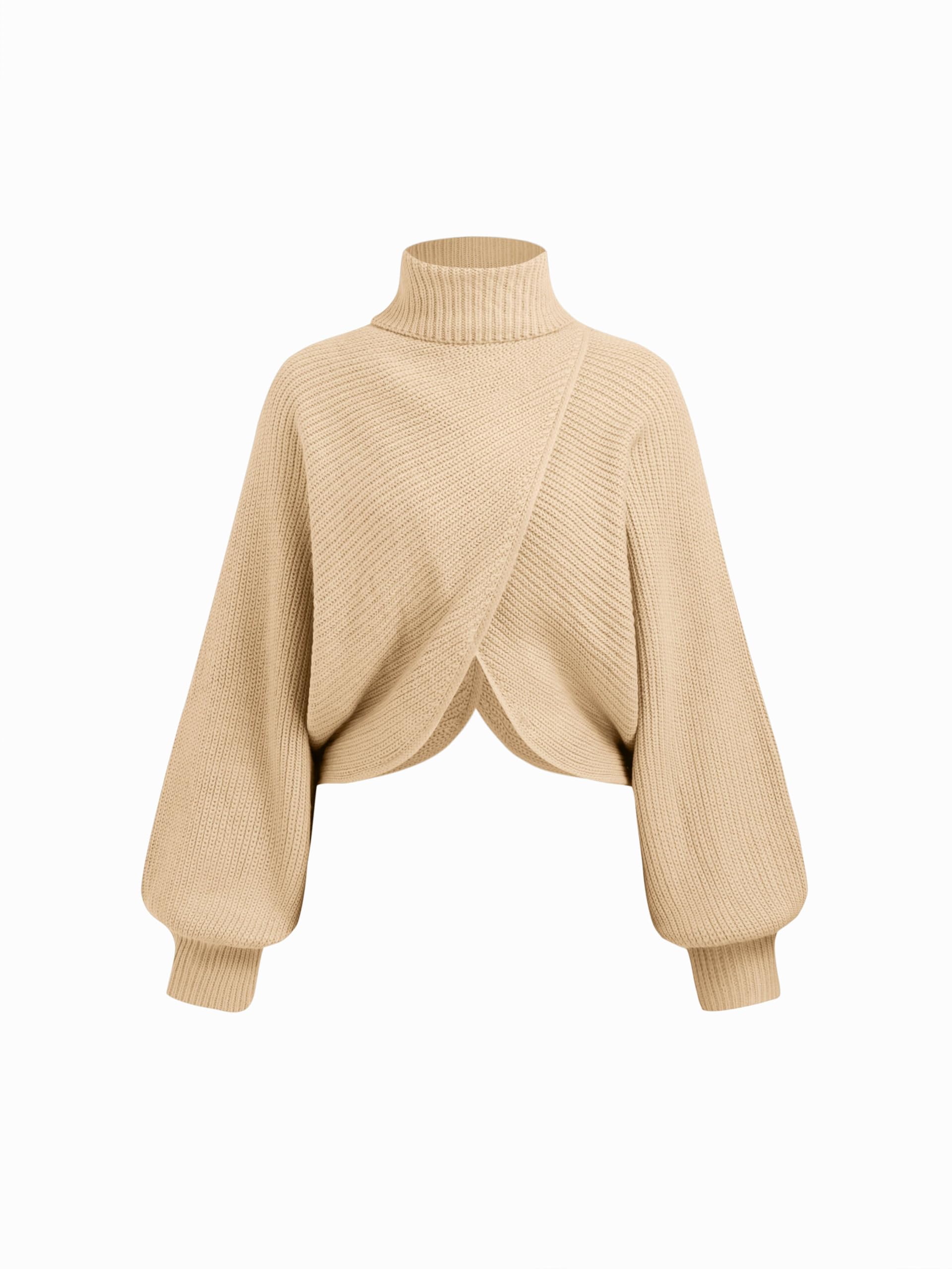 CIDER Cropped Sweaters for Women Wrap Lantern Sleeve Turtleneck Sweater