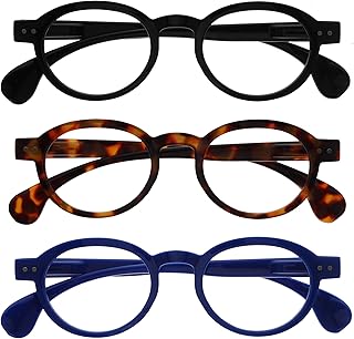 OPULIZE OCA Reading Glasses – Modern Retro Round Frame – Men and Women – Spring Hinges, 3 Pack - Black / Brown Turtle / Blue, One size