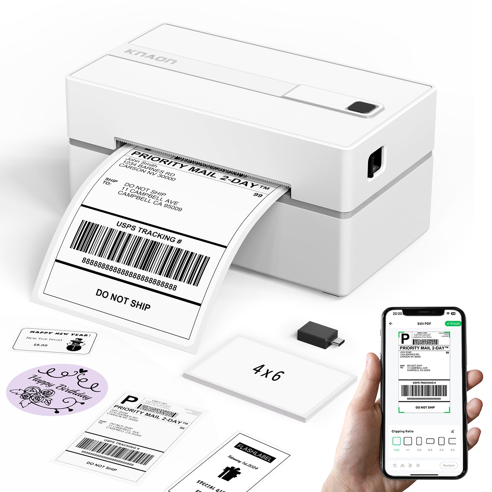 KNAON Bluetooth Thermal Shipping Label Printer, 4x6 Portable Thermal Address Lab