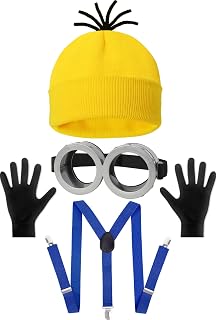 HEYFIZZ 4 Pcs Adult Halloween Costume Accessories, Easy Costume Men Women | One Size Fits Most,Last Minute Adult Halloween Costumes,Yellow Beanie Hat,Adjustable Goggles,Gloves, Easy Family Costume