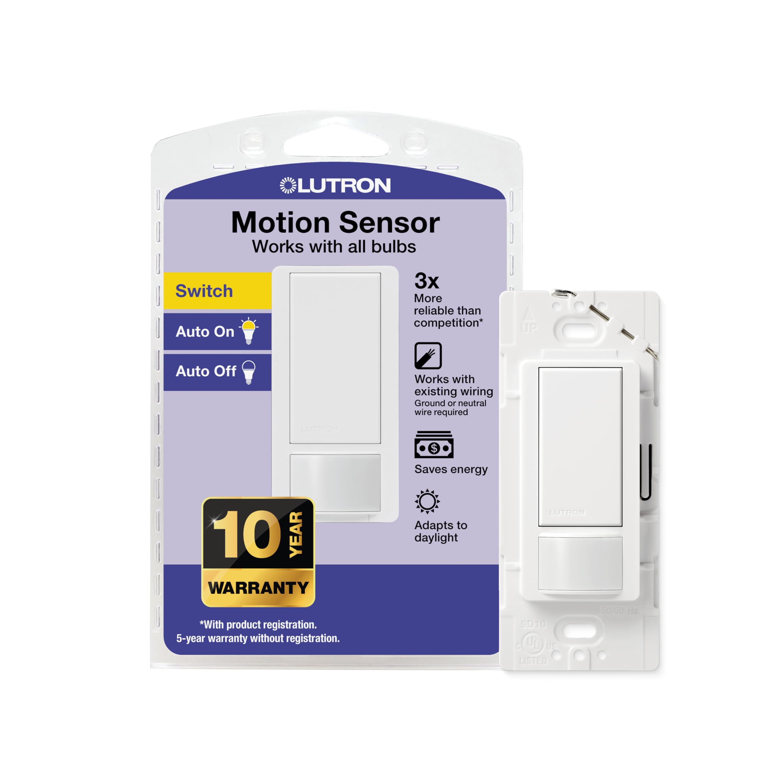 Lutron Motion Sensor Light Switch, 2 Amp Single Pole, for Any Bulb | Auto On/Aut