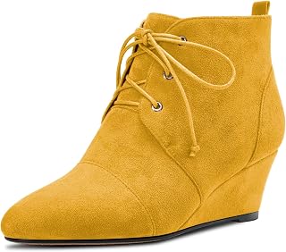 Saekcted Women's Wedge Mid Heel Ankle Boots Lace-up Closed Round Toe Slip-on 5CM Heels Shoes