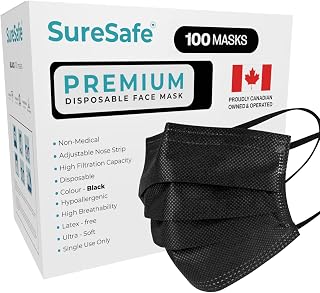 Disposable Face Masks Black, 3-Ply Breathable Non-Woven, 100 Pack | Soft elastic ear loops, adjustable nose wire, comfortable adult fit; for travel, work, office, everyday indoor use