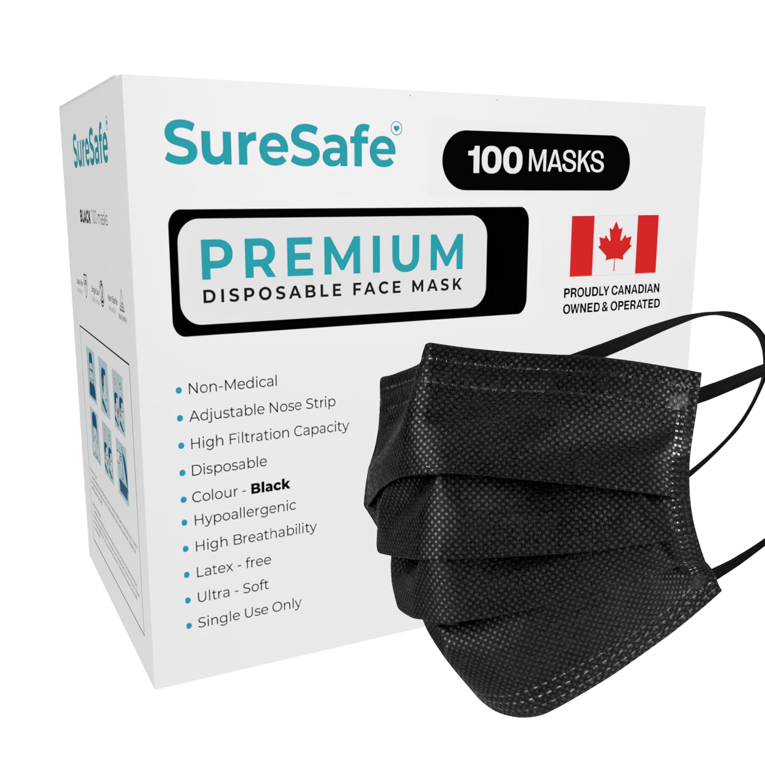 Disposable Face Masks Black, 3-Ply Breathable Non-Woven, 100 Pack | Soft elastic