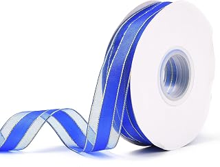 50 Yards Royal Blue Sheer Organza Chiffon Ribbons with Gold Wired Edge for Gift Wrapping, Bouquet Wrapping, Wedding Decoration, 25mm